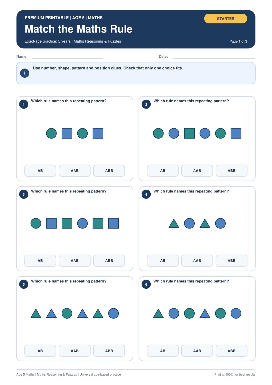 Match the Maths Rule worksheet preview