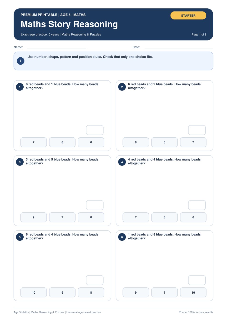 Maths Story Reasoning worksheet preview