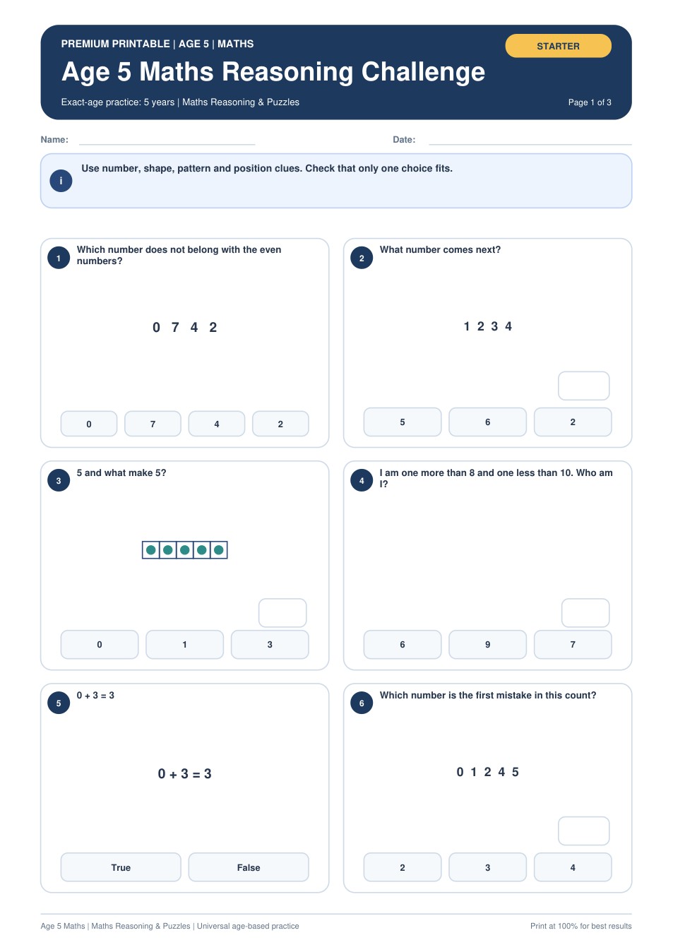 Age 5 Maths Reasoning Challenge worksheet preview