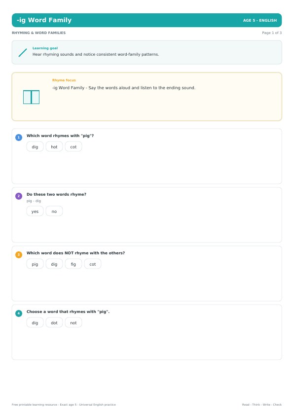 -ig Word Family worksheet preview