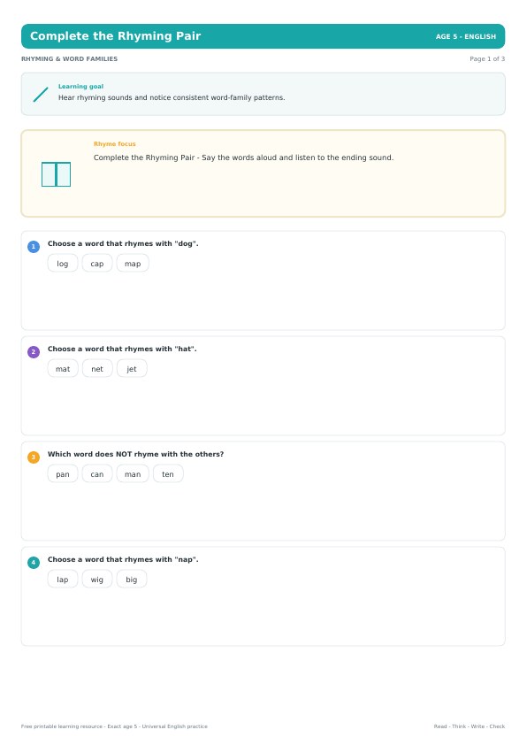 Complete the Rhyming Pair worksheet preview