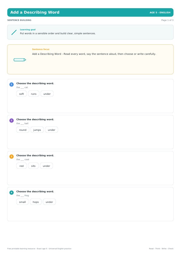 Add a Describing Word worksheet preview