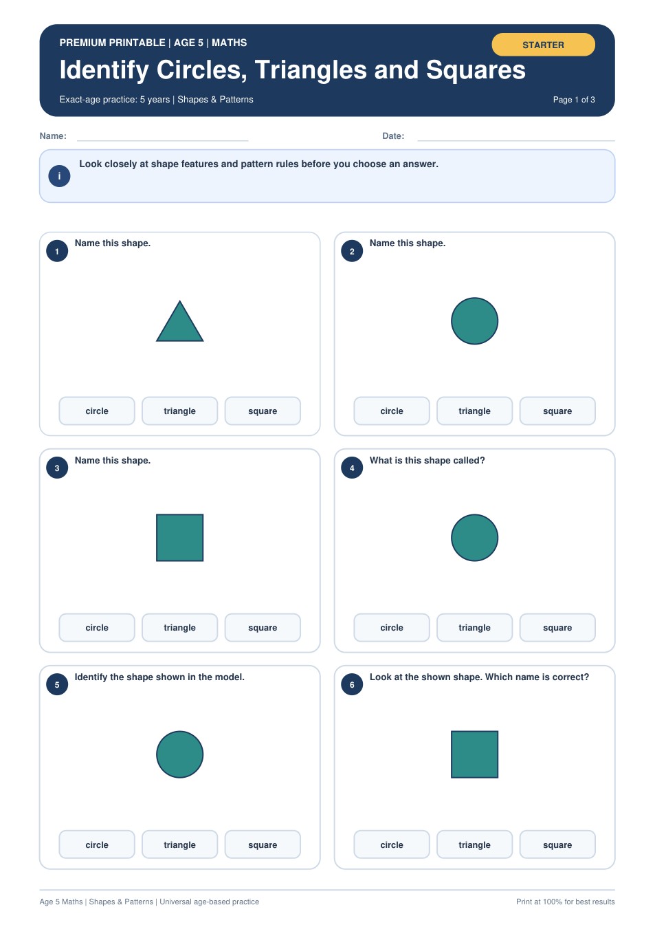 Identify Circles, Triangles and Squares worksheet preview