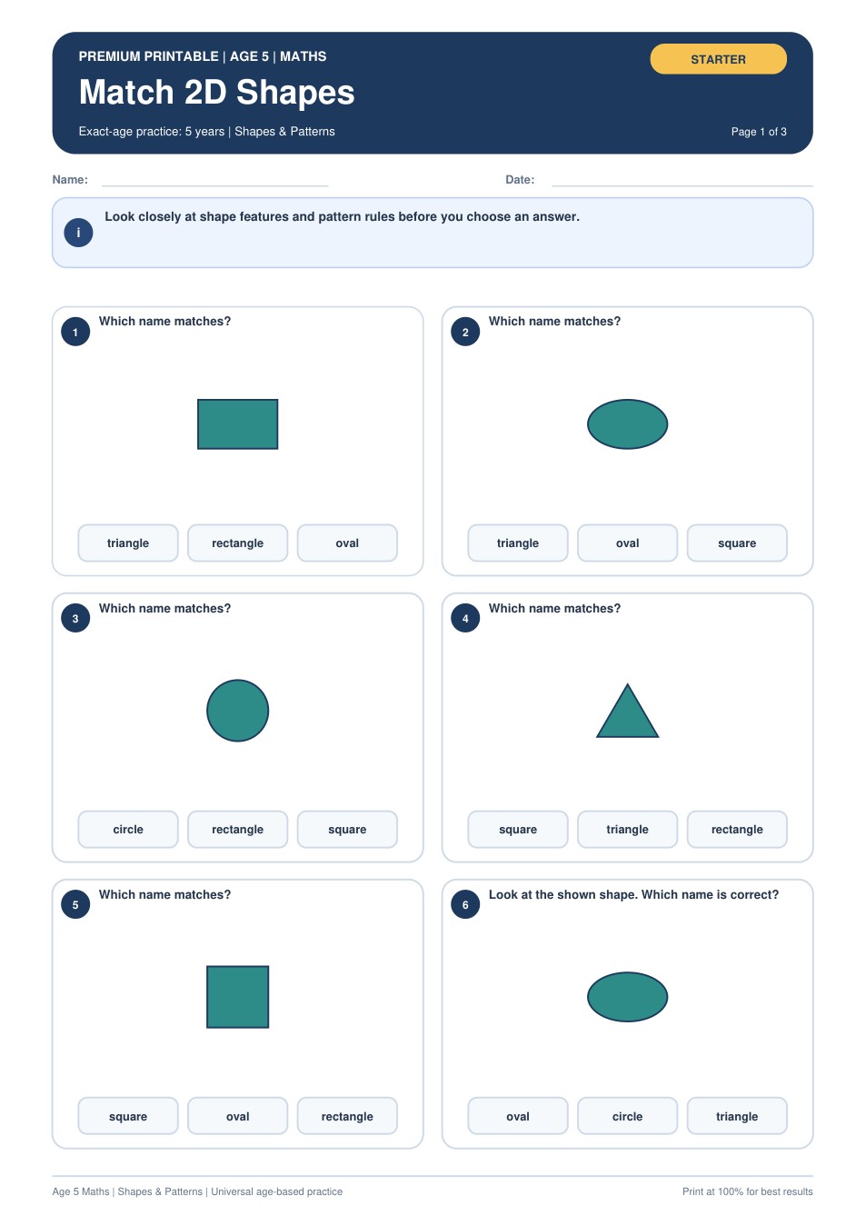 Match 2D Shapes worksheet preview