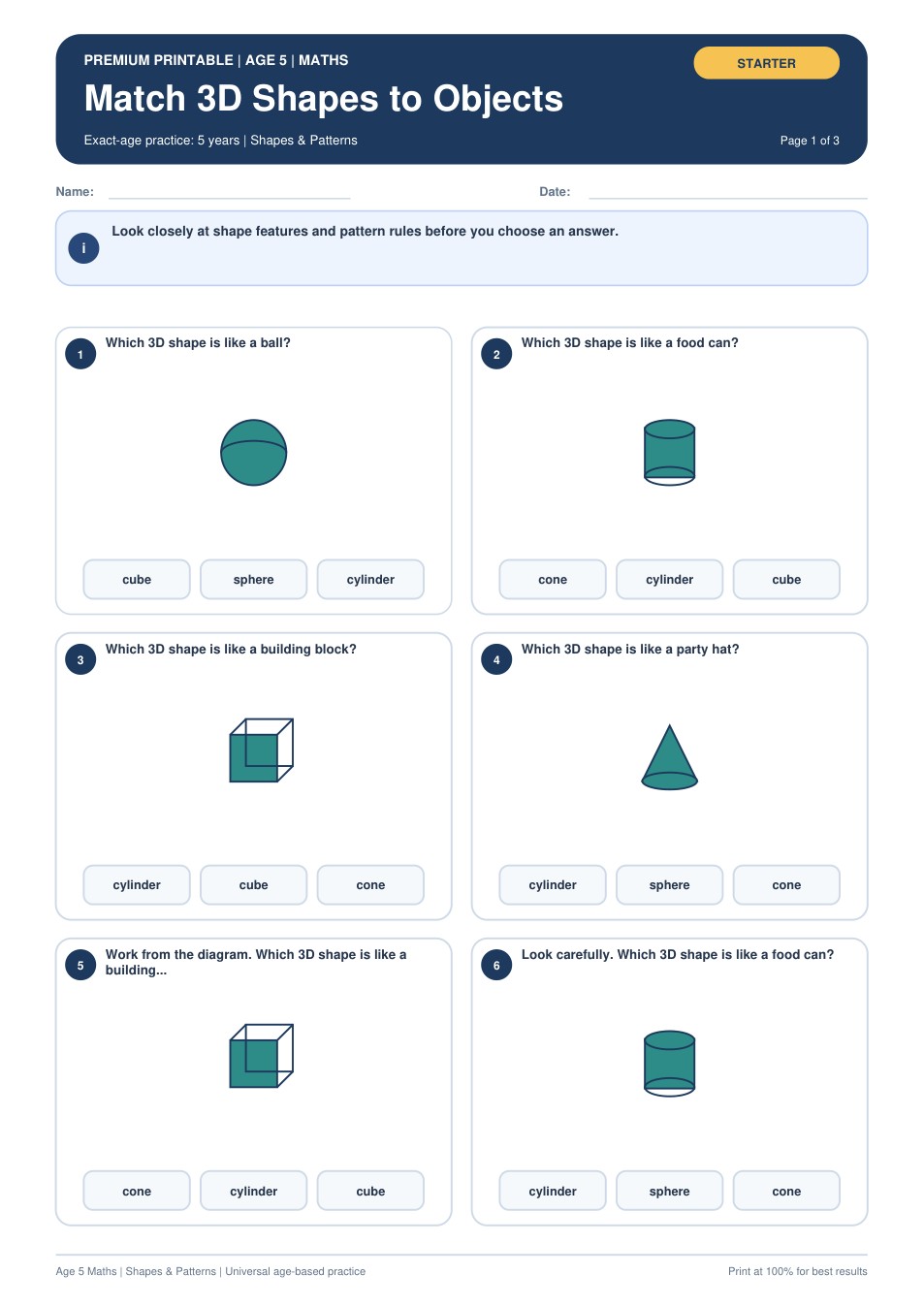 Match 3D Shapes to Objects worksheet preview