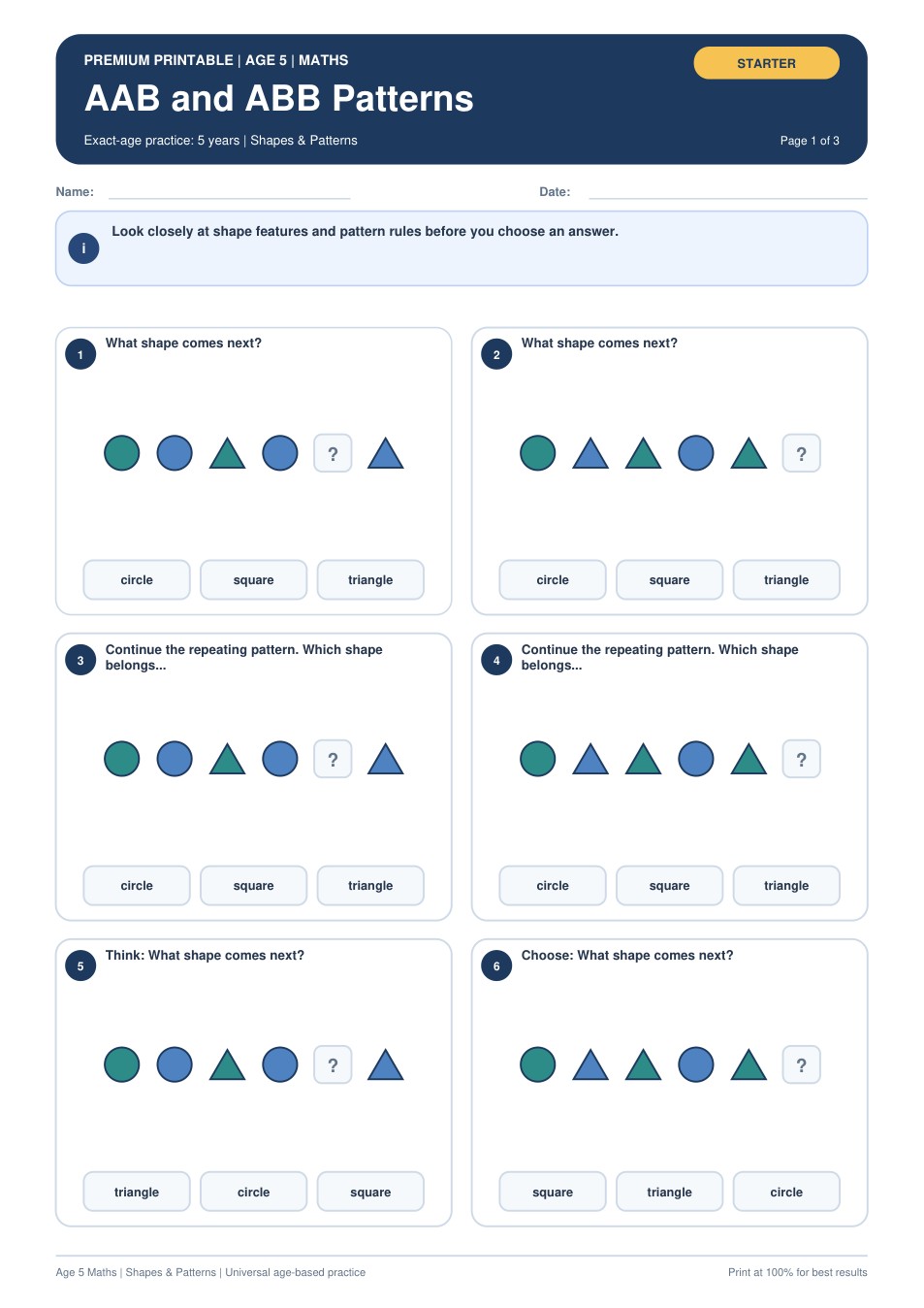 AAB and ABB Patterns worksheet preview