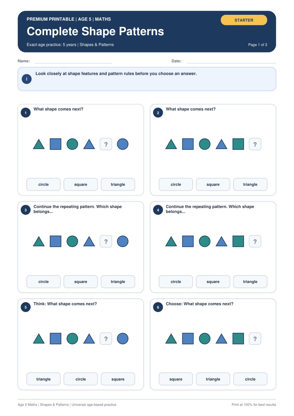 Complete Shape Patterns worksheet preview