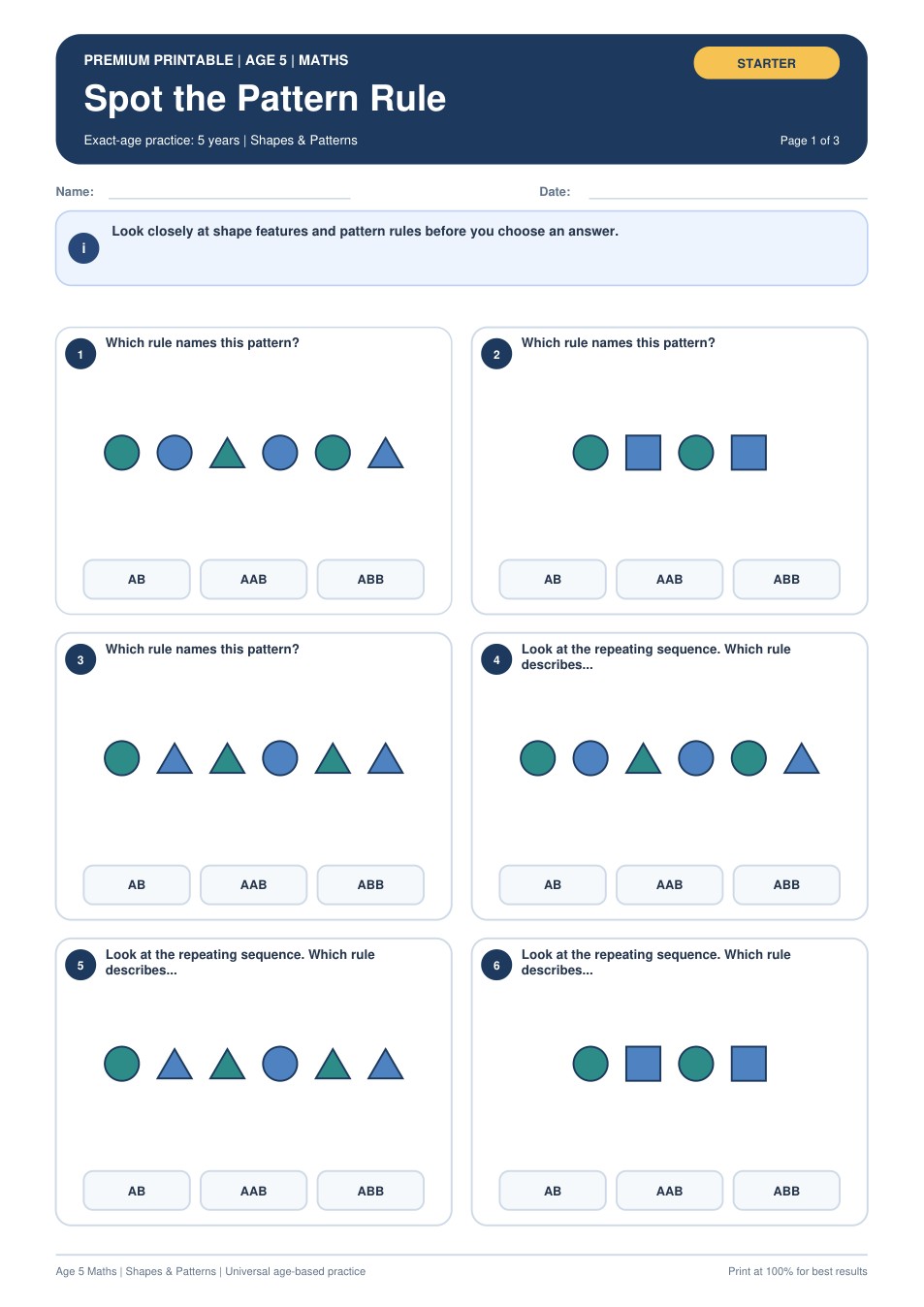 Spot the Pattern Rule worksheet preview
