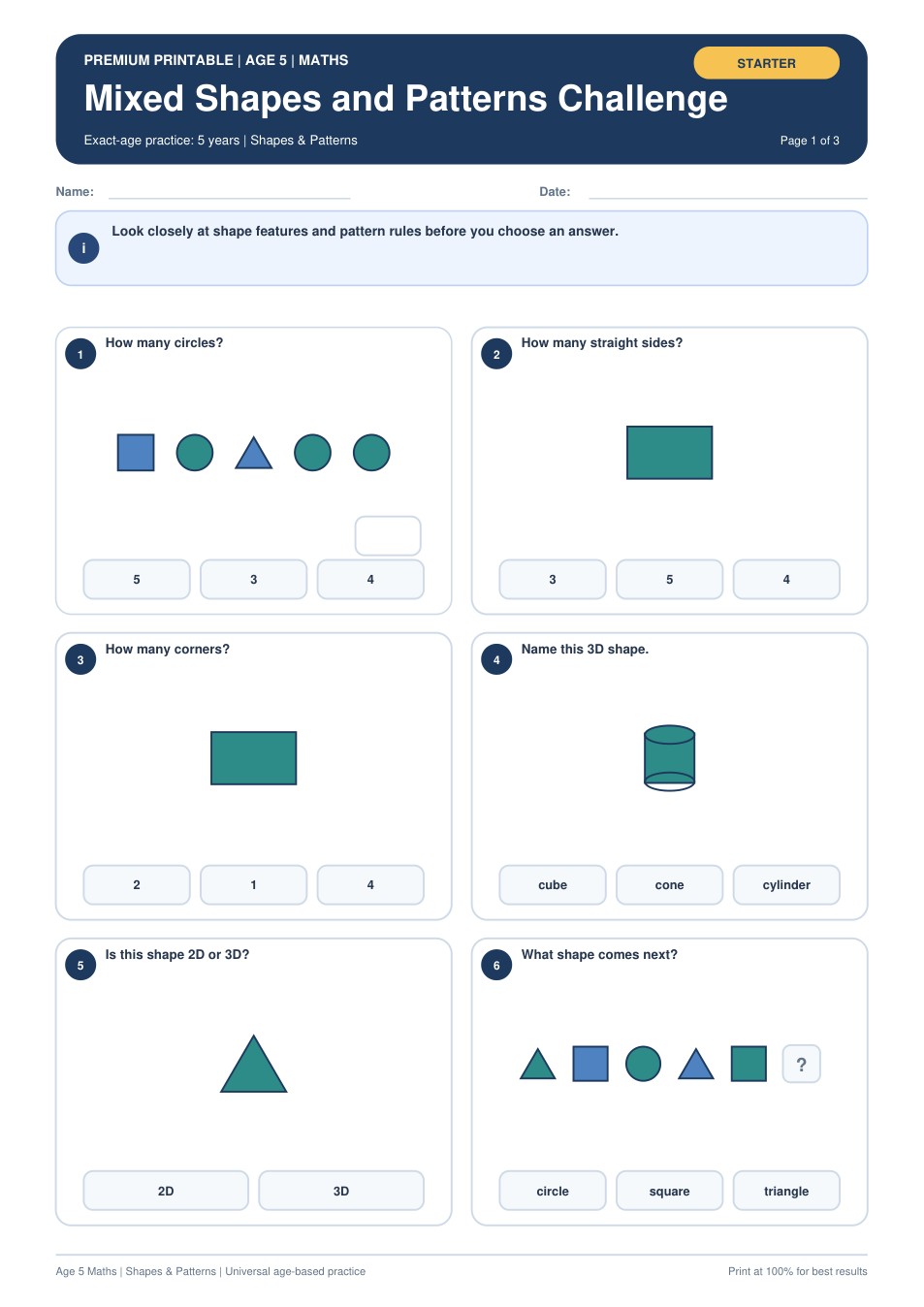 Mixed Shapes and Patterns Challenge worksheet preview