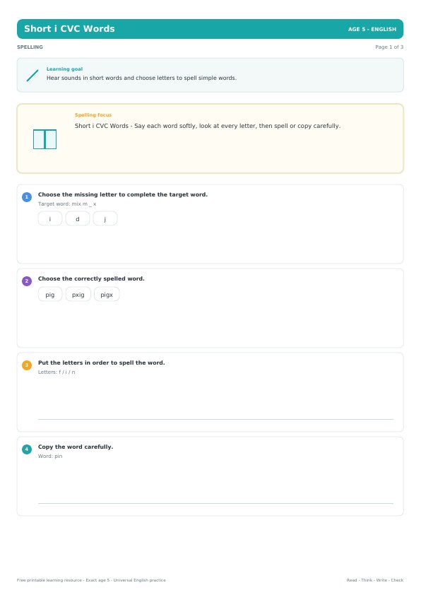 Short i CVC Words worksheet preview