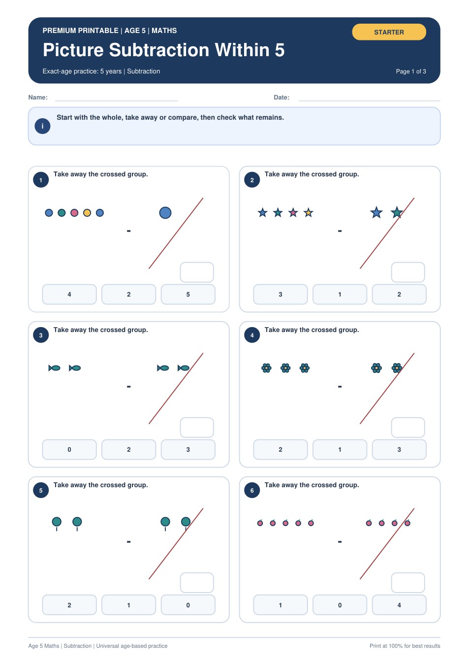 Picture Subtraction Within 5 worksheet preview