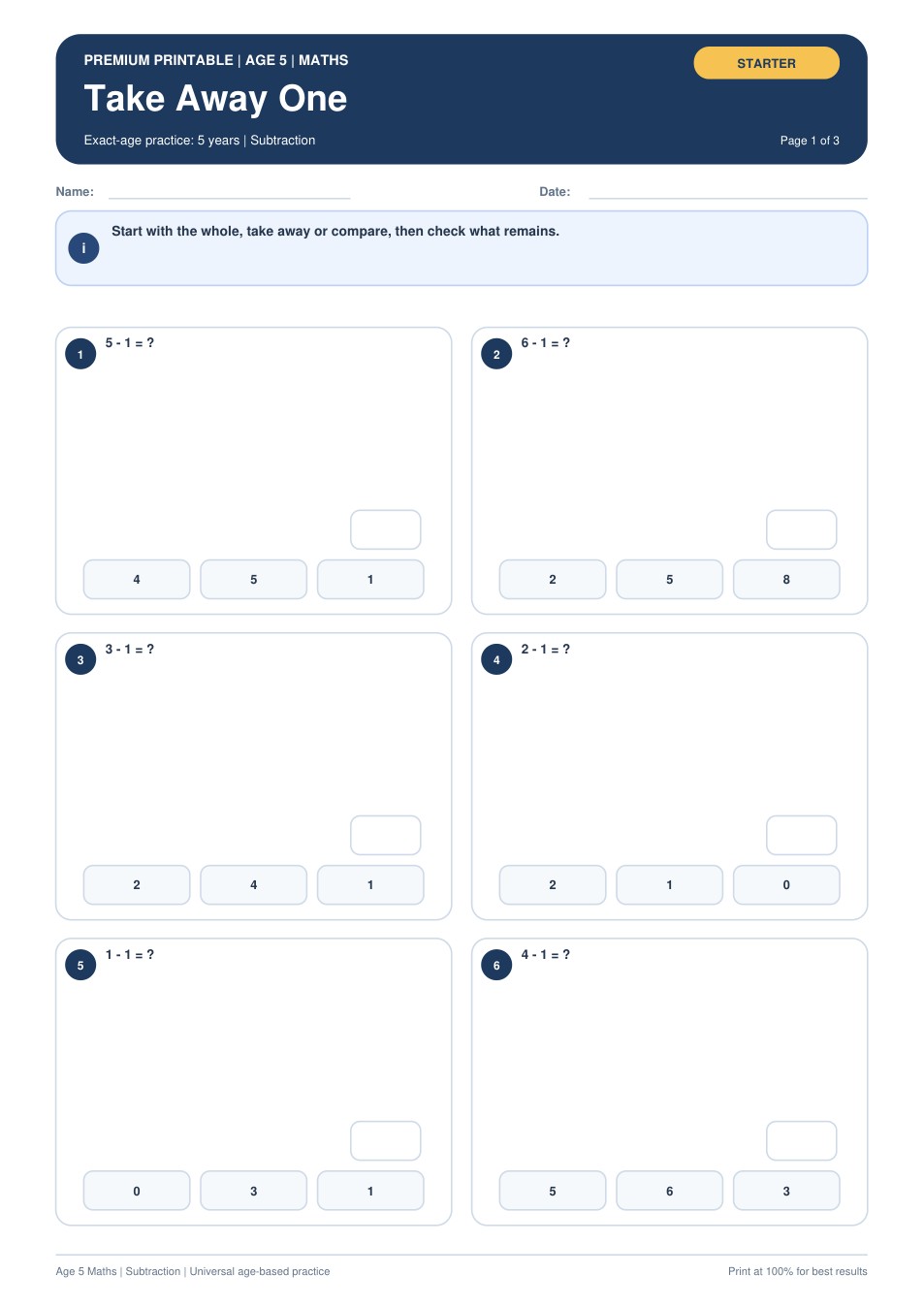 Take Away One worksheet preview