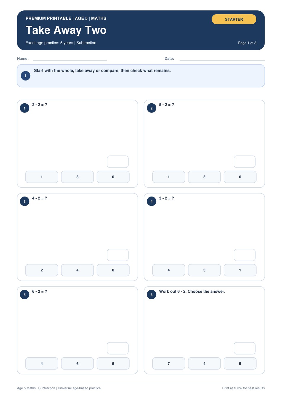 Take Away Two worksheet preview