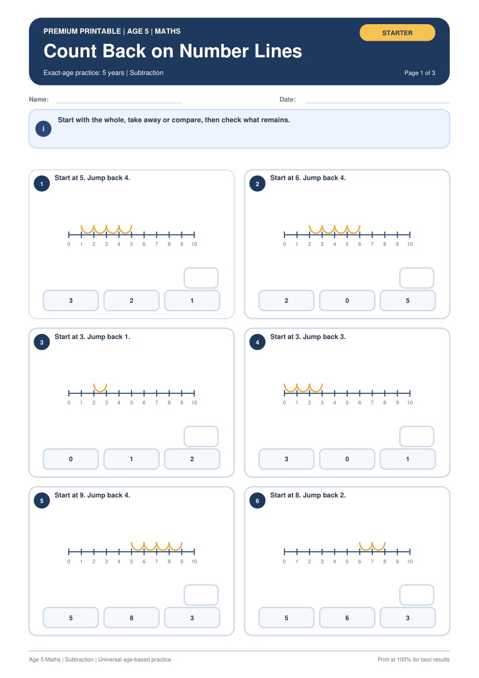 Count Back on Number Lines worksheet preview