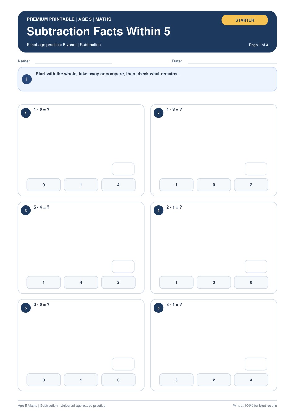 Subtraction Facts Within 5 worksheet preview