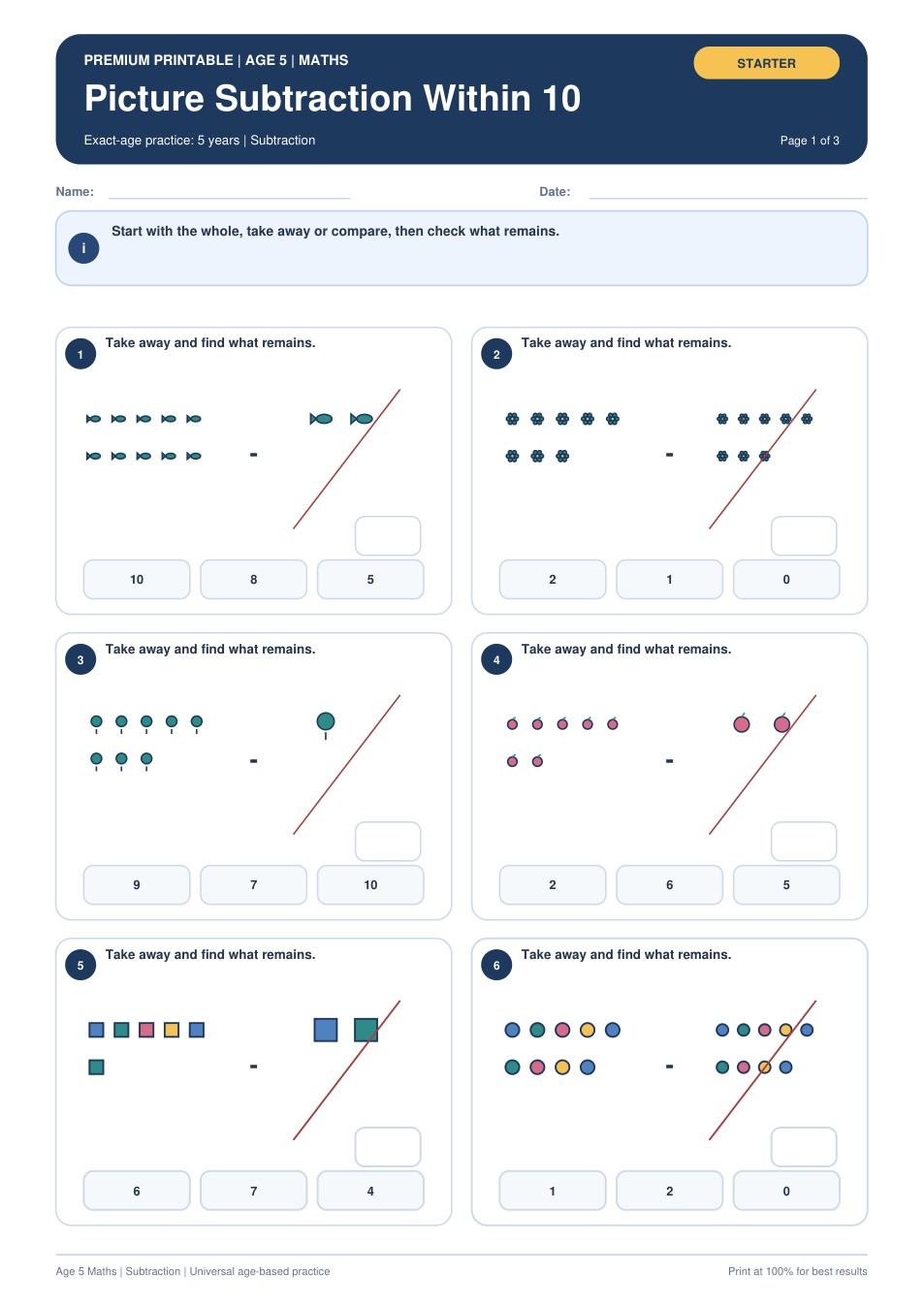 Picture Subtraction Within 10 worksheet preview