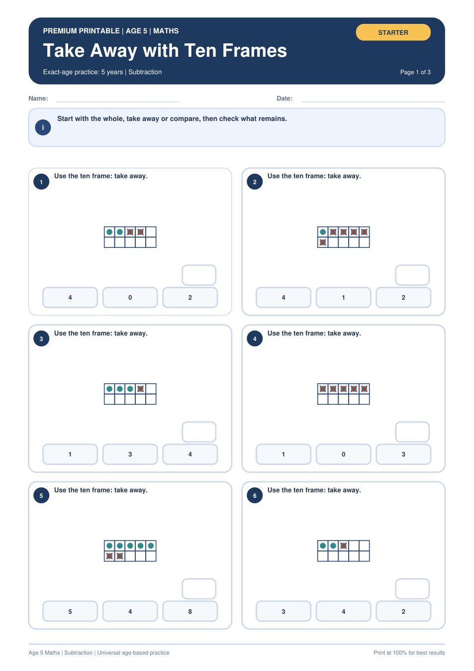 Take Away with Ten Frames worksheet preview