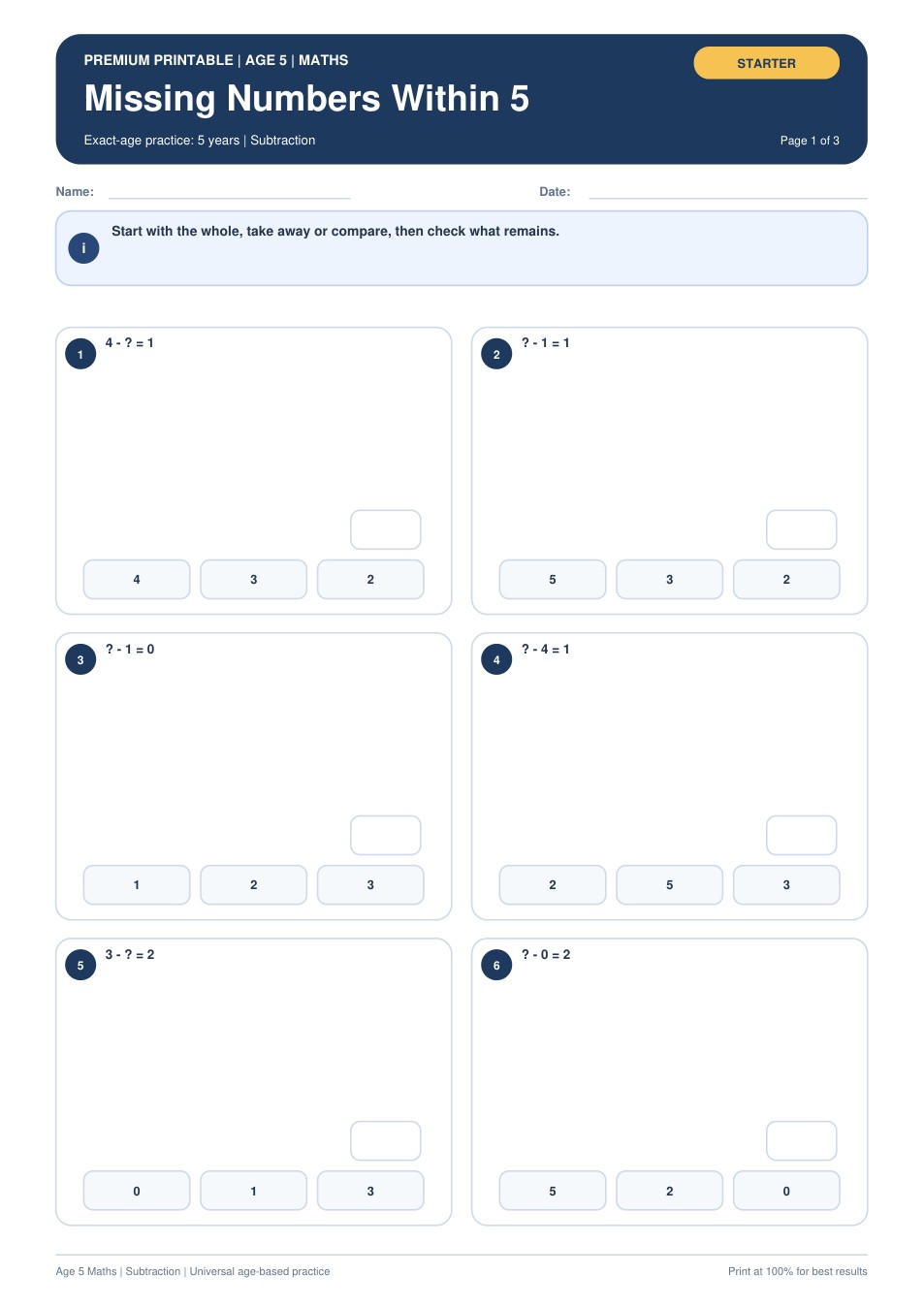 Missing Numbers Within 5 worksheet preview