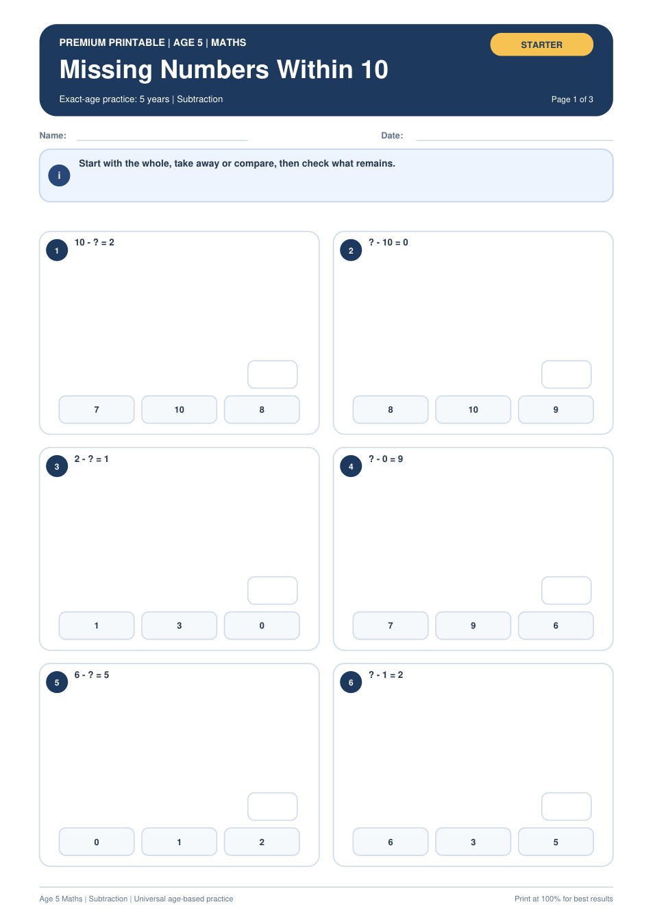 Missing Numbers Within 10 worksheet preview