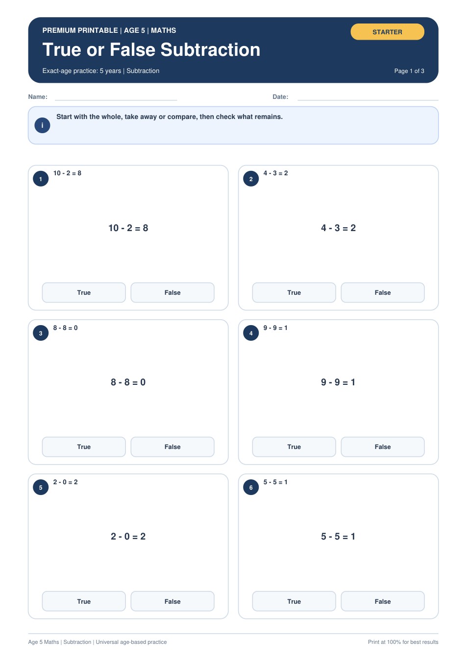 True or False Subtraction worksheet preview
