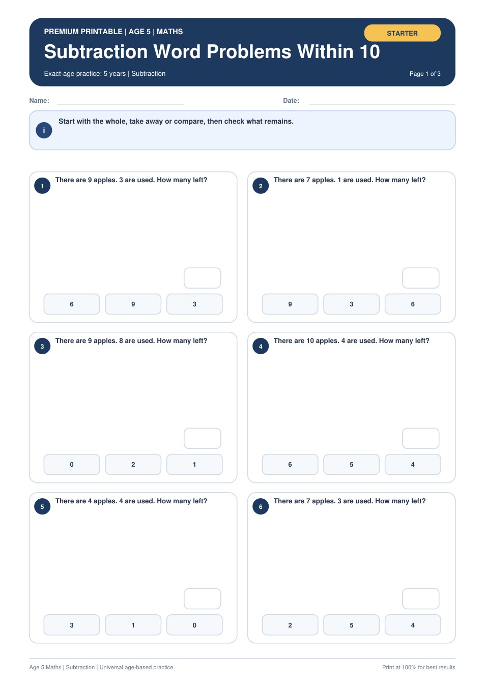 Subtraction Word Problems Within 10 worksheet preview