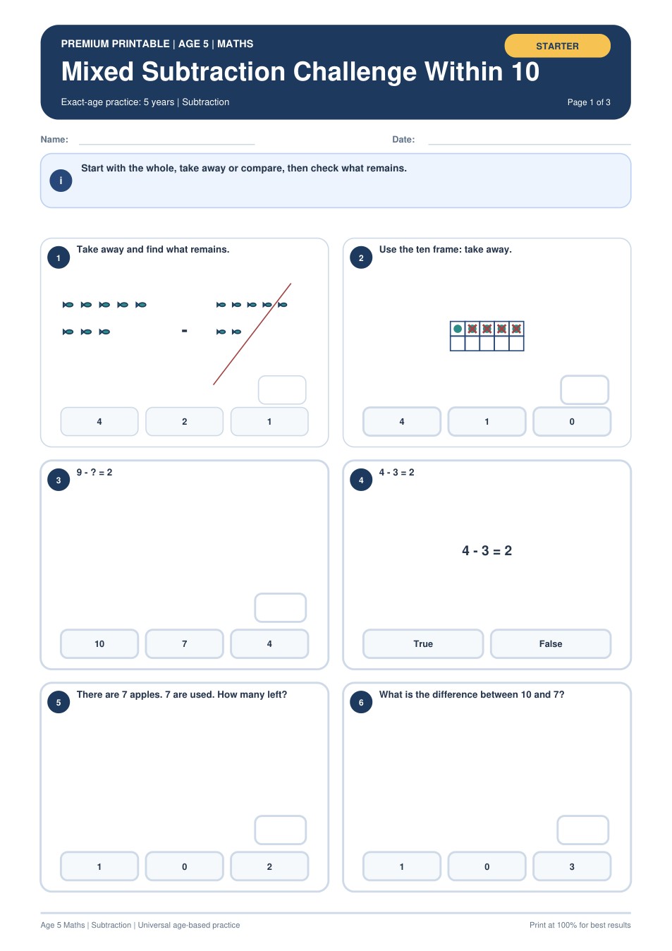 Mixed Subtraction Challenge Within 10 worksheet preview