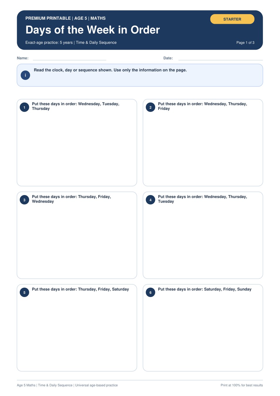 Days of the Week in Order worksheet preview