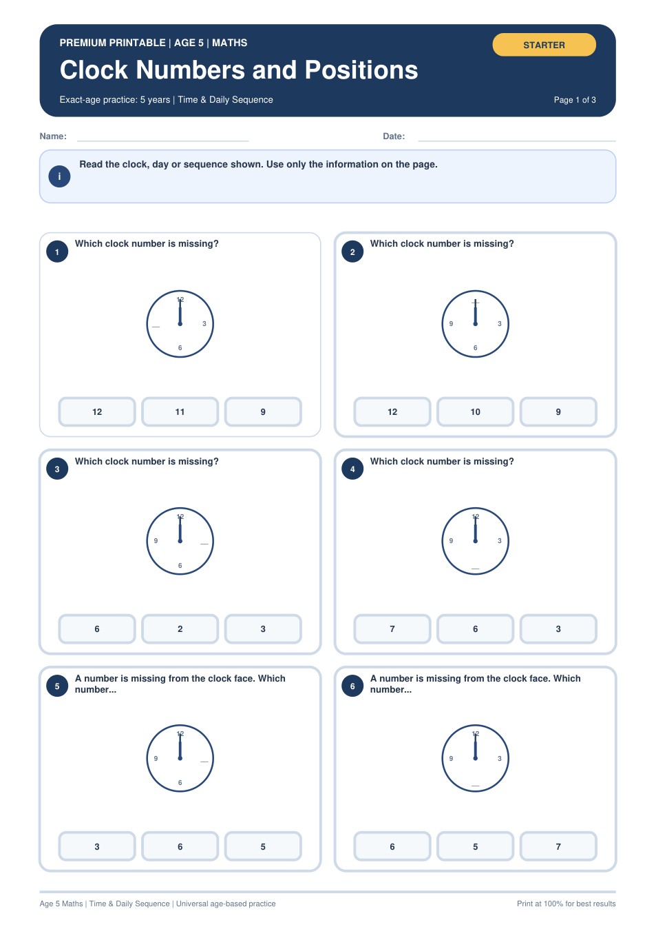 Clock Numbers and Positions worksheet preview