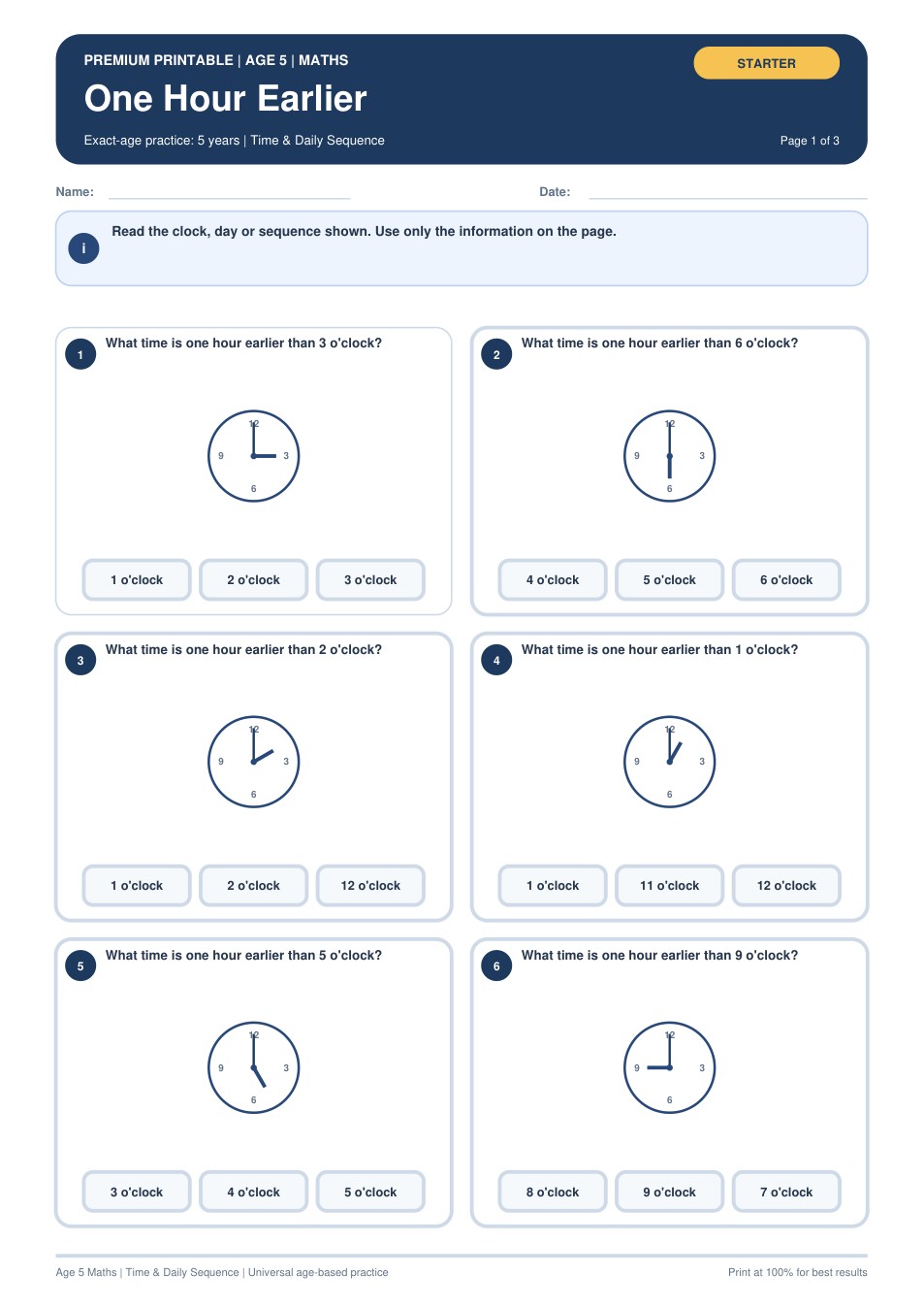 One Hour Earlier worksheet preview