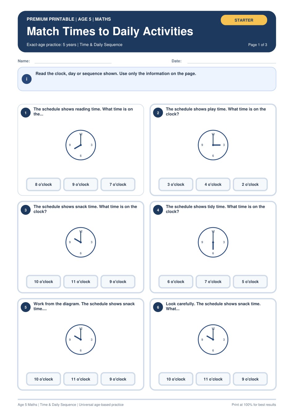 Match Times to Daily Activities worksheet preview