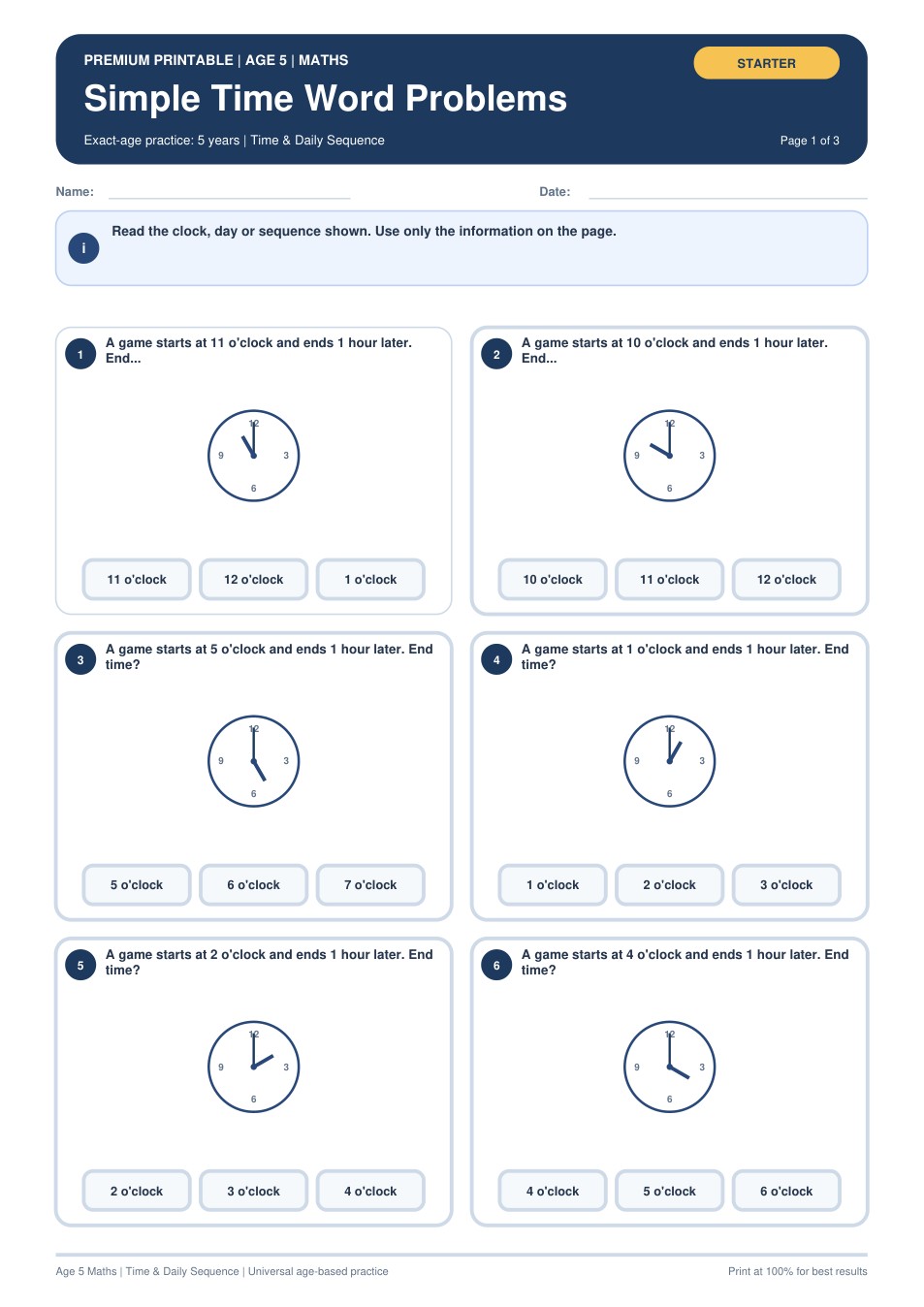 Simple Time Word Problems worksheet preview
