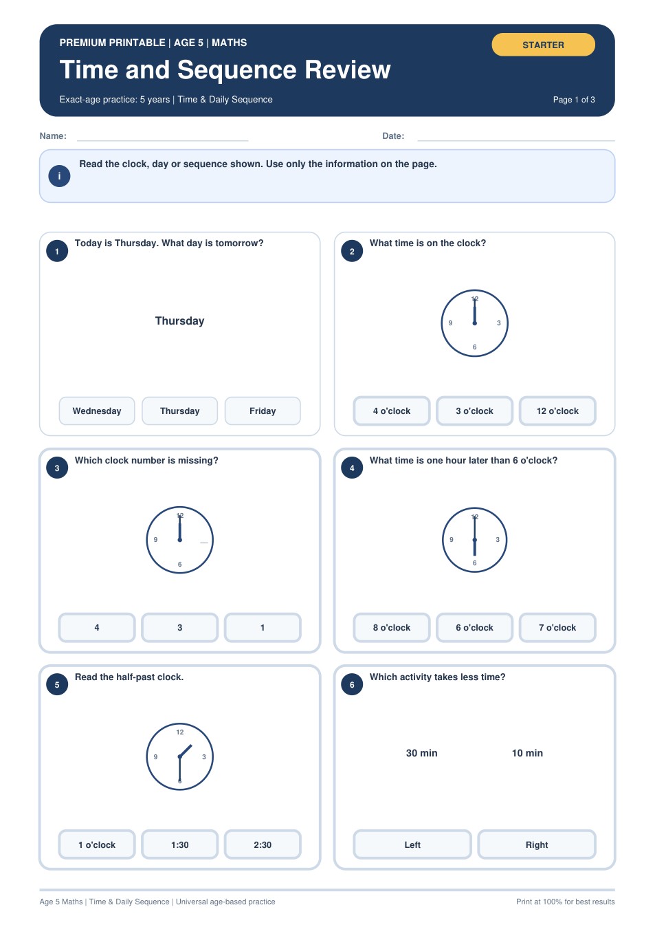 Time and Sequence Review worksheet preview