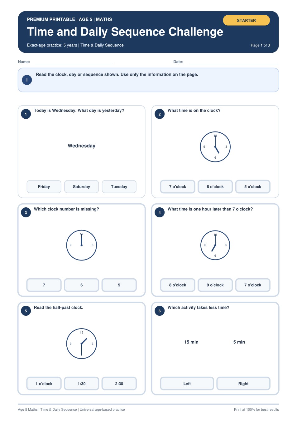 Time and Daily Sequence Challenge worksheet preview