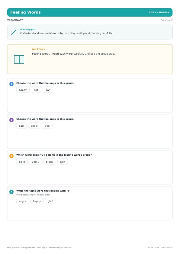 Feeling Words worksheet preview