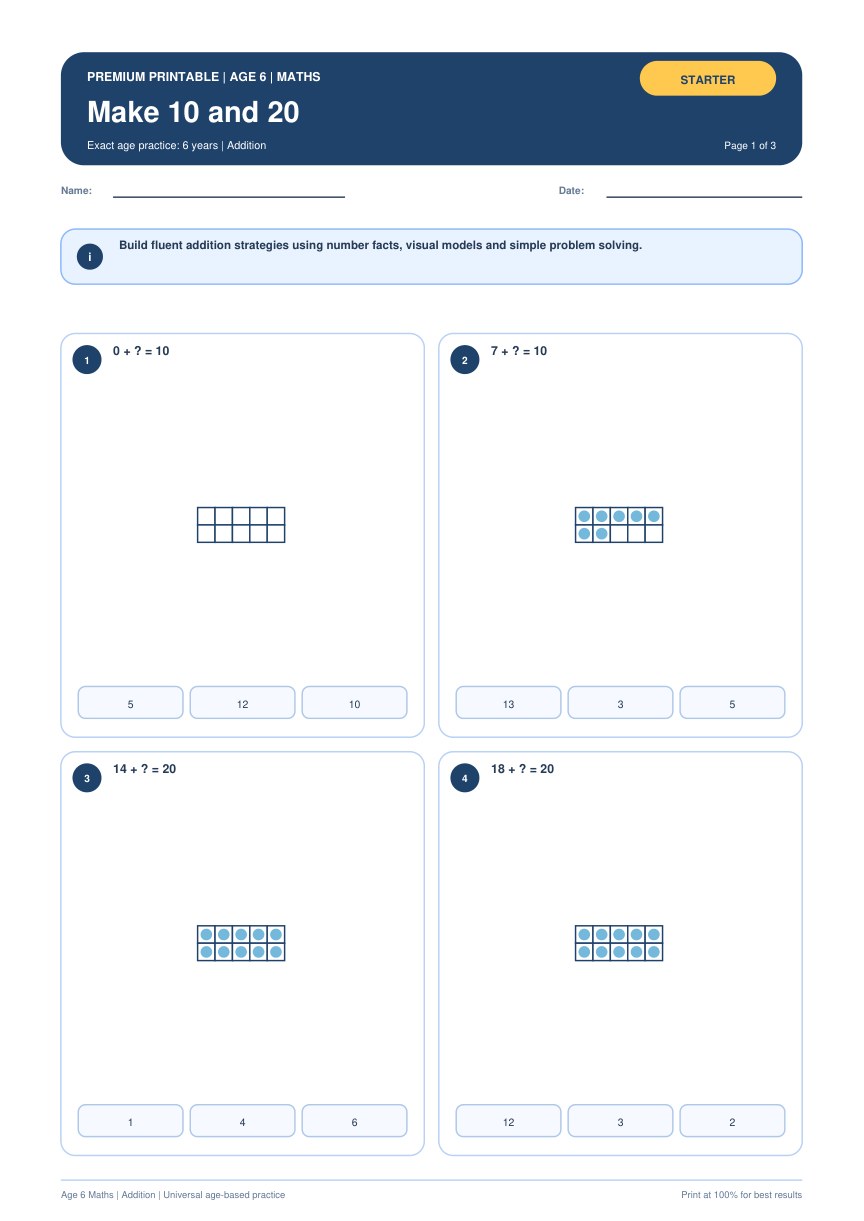 Make 10 and 20 worksheet preview