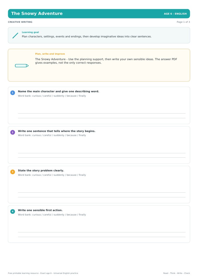 The Snowy Adventure worksheet preview