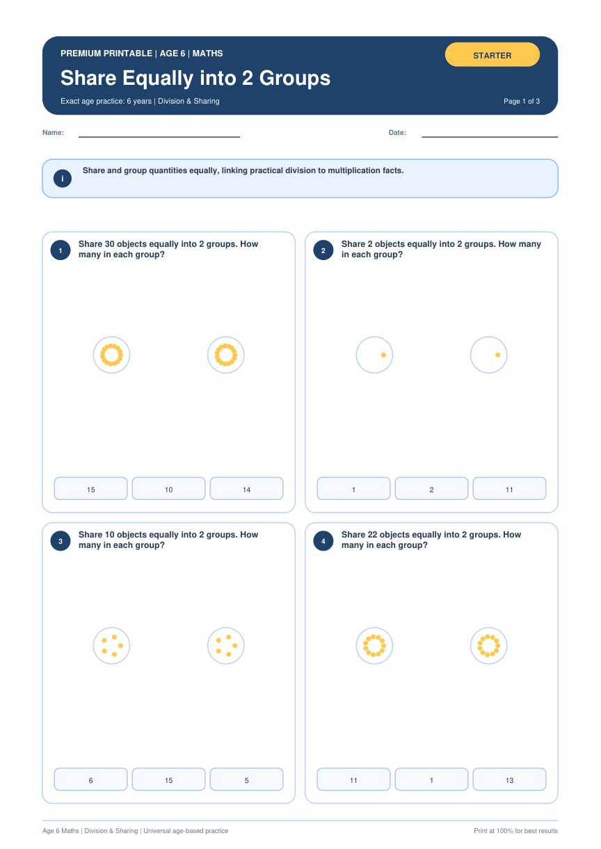 Share Equally into 2 Groups worksheet preview