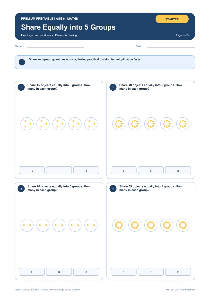 Share Equally into 5 Groups worksheet preview