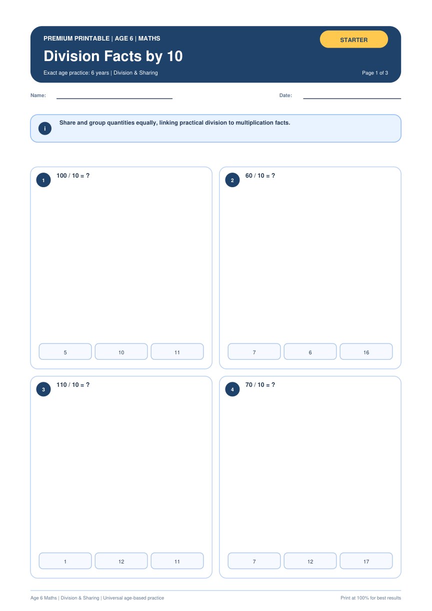 Division Facts by 10 worksheet preview