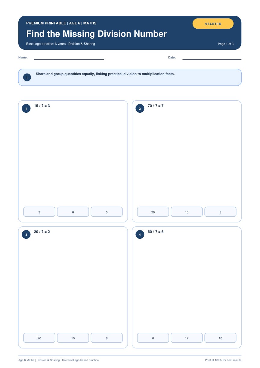 Find the Missing Division Number worksheet preview