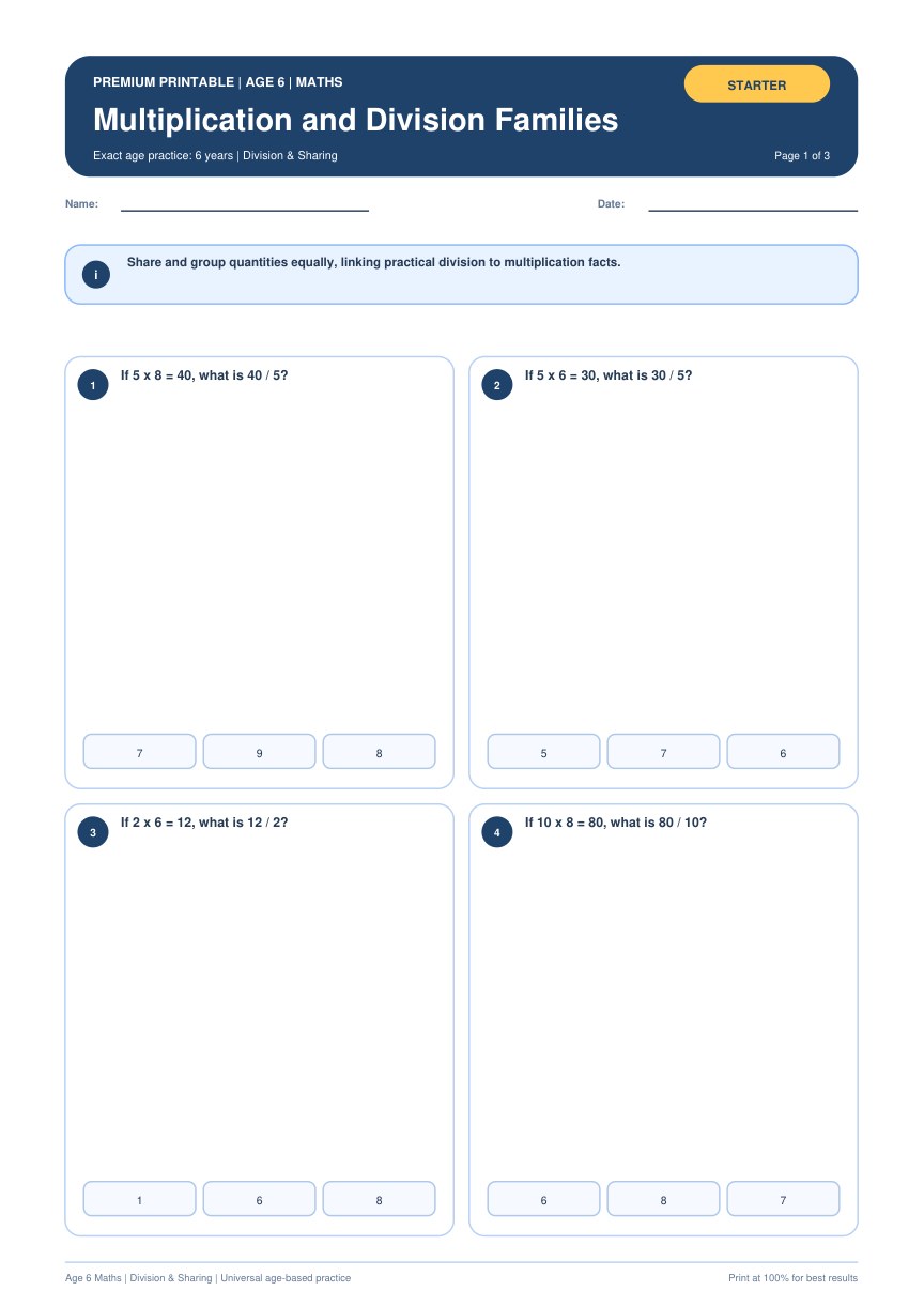 Multiplication and Division Families worksheet preview