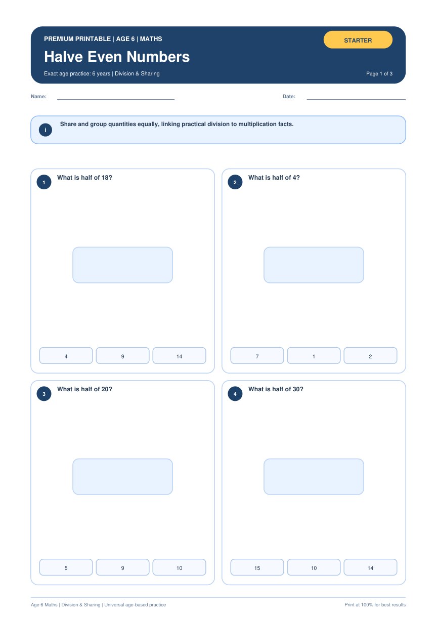 Halve Even Numbers worksheet preview
