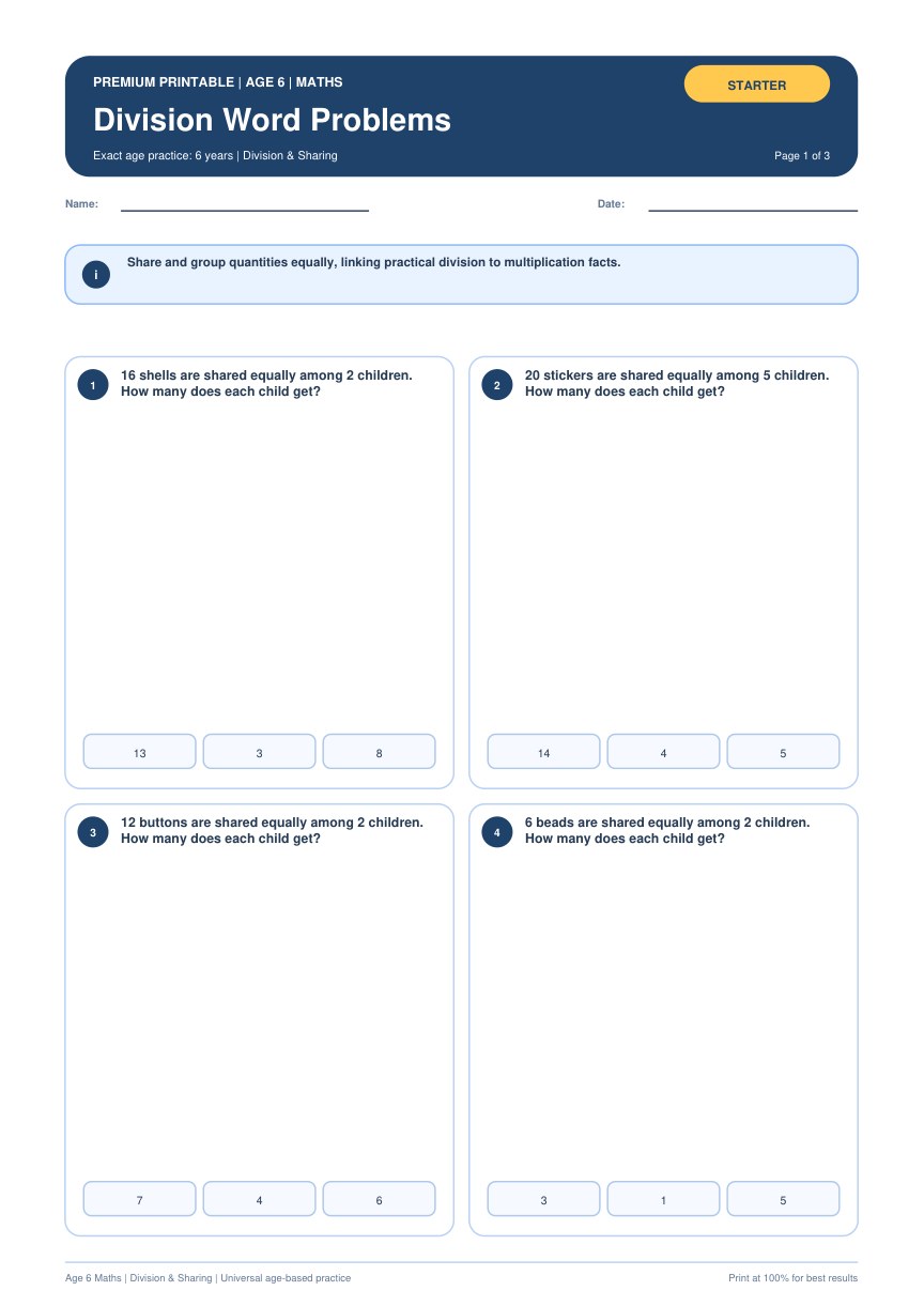 Division Word Problems worksheet preview