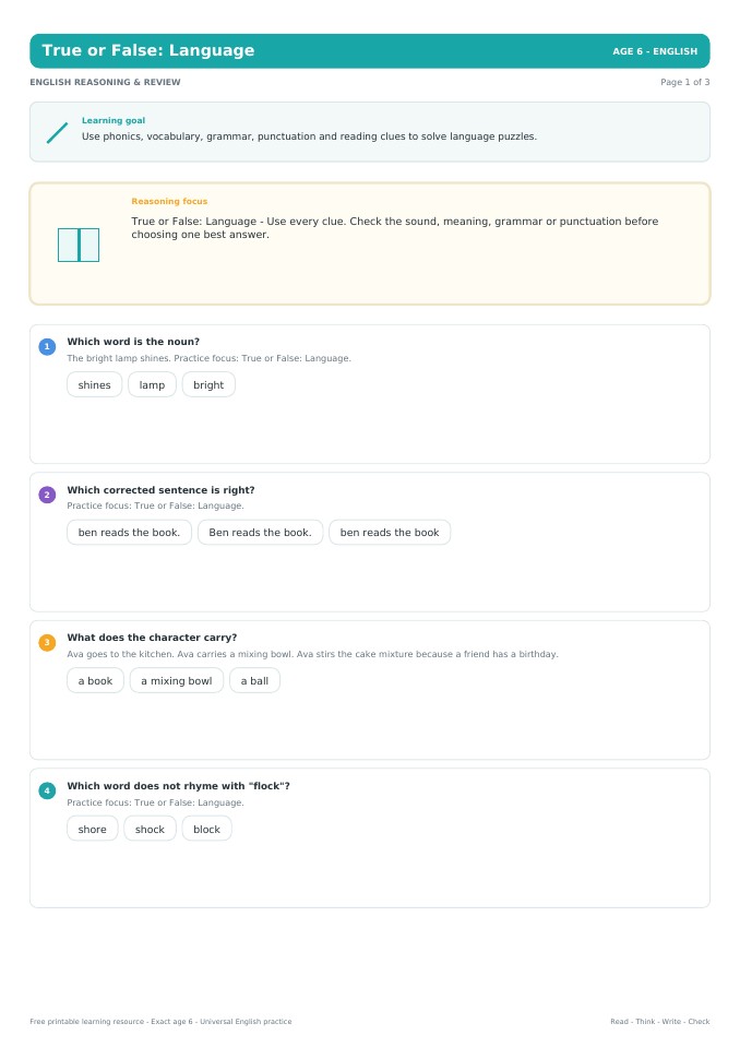 True or False: Language worksheet preview