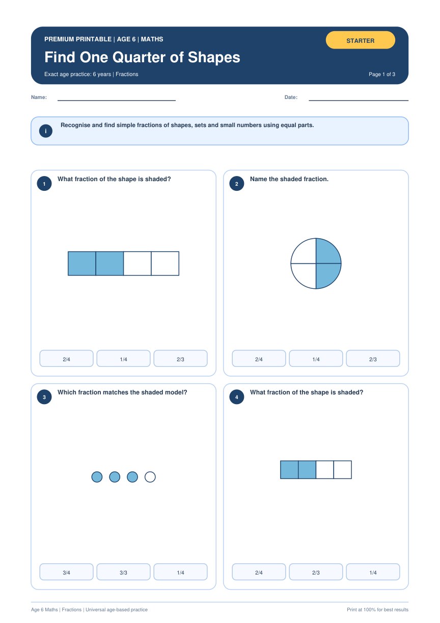 Find One Quarter of Shapes worksheet preview