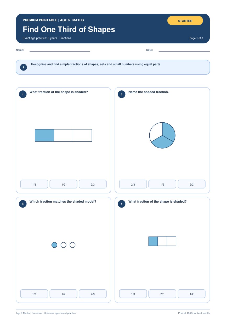 Find One Third of Shapes worksheet preview