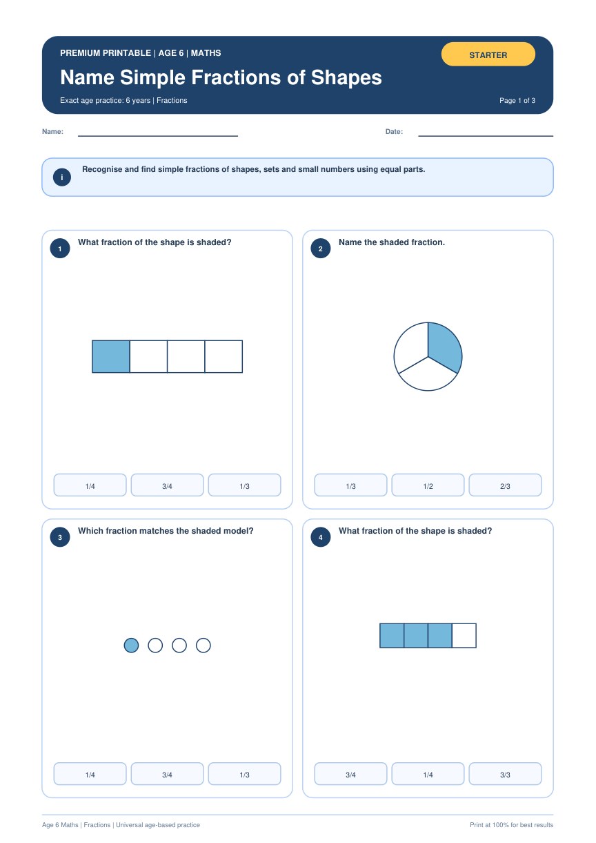 Name Simple Fractions of Shapes worksheet preview