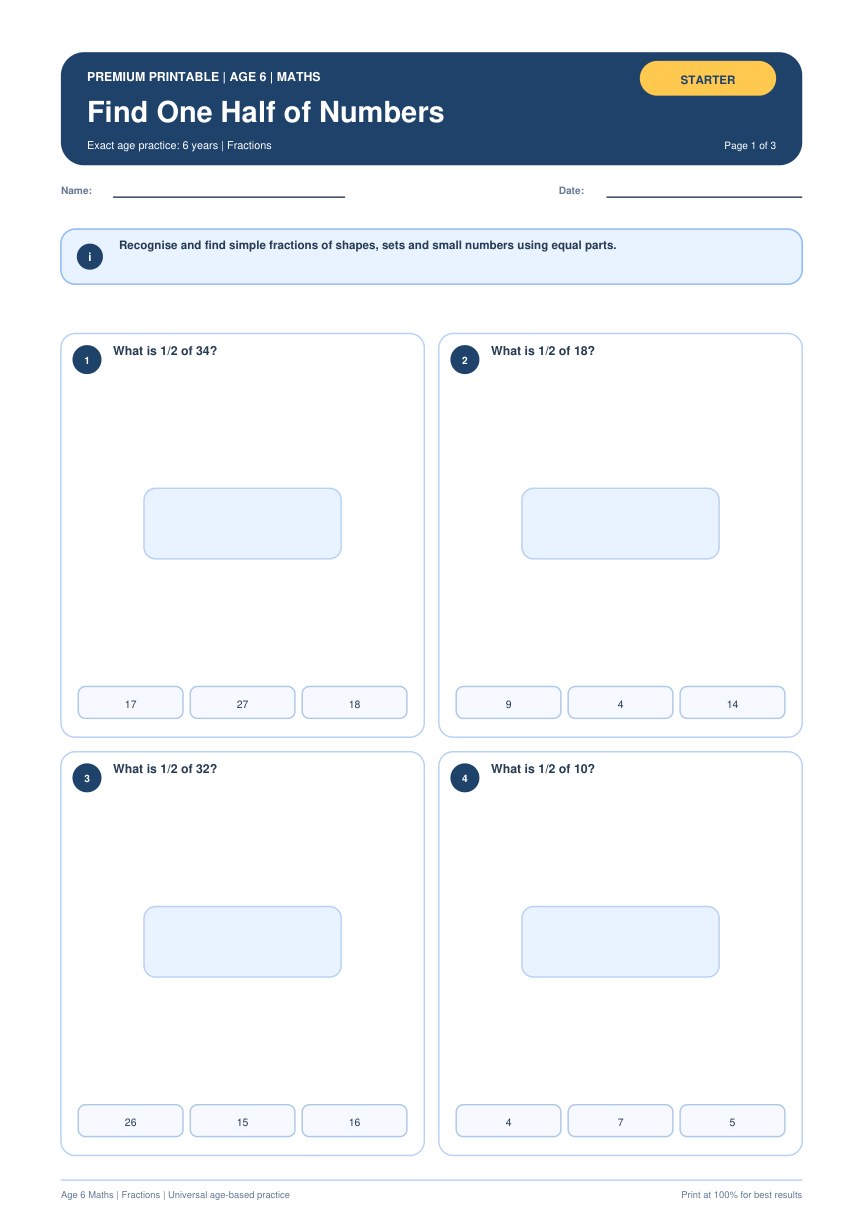 Find One Half of Numbers worksheet preview