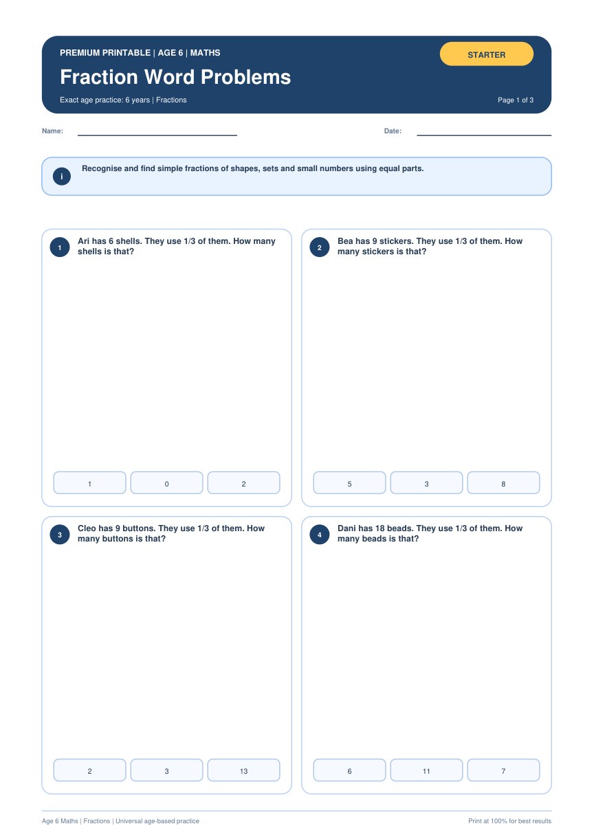 Fraction Word Problems worksheet preview