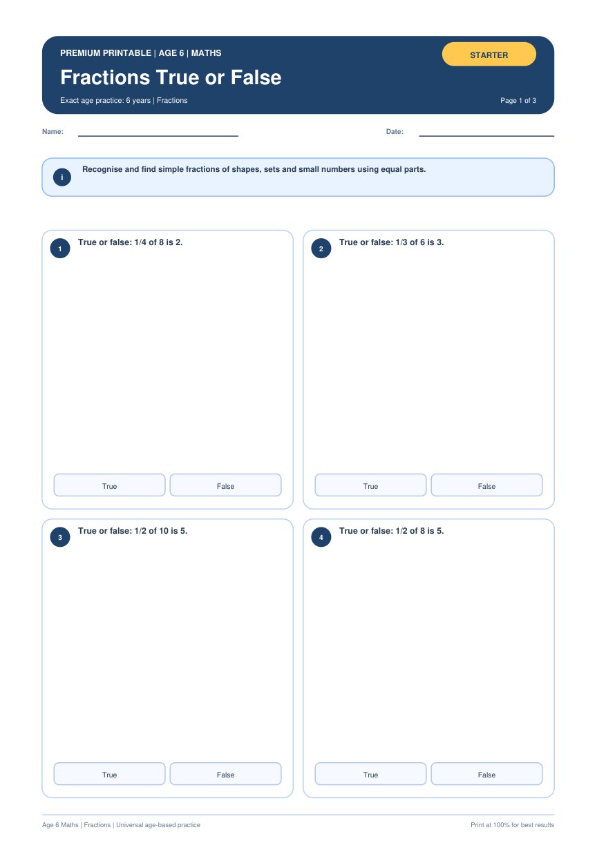 Fractions True or False worksheet preview